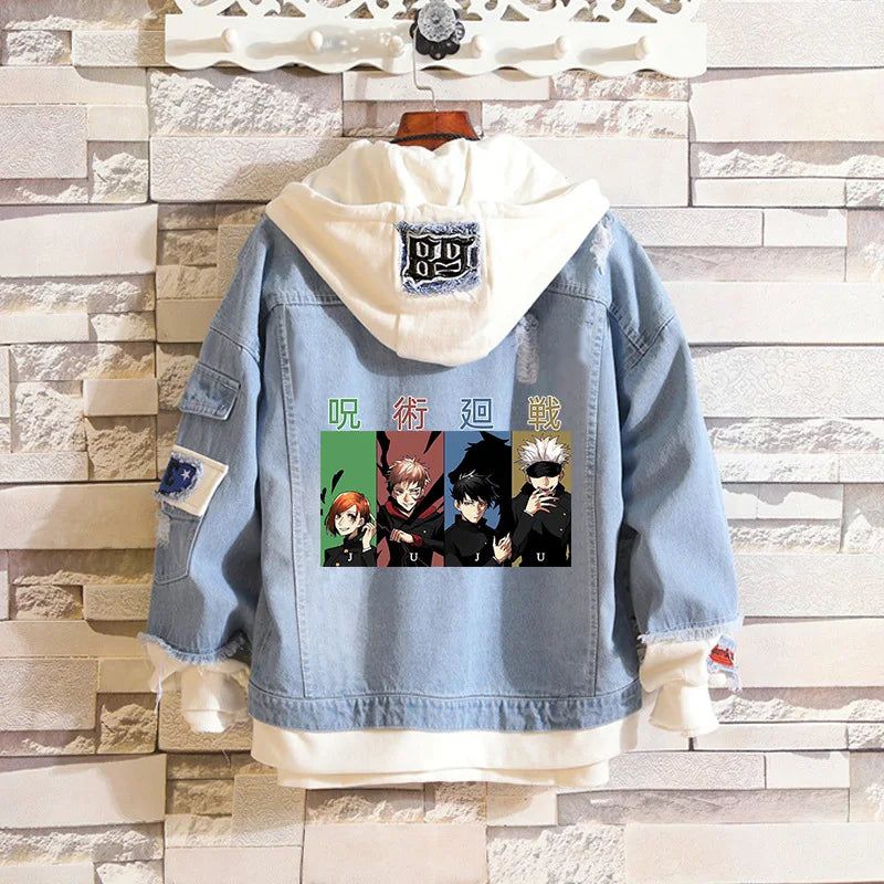 Anime Jujutsu Kaisen Anime Jeans Jacket Gojo Satoru Itadori Yūji Print Casual Women Patchwork Denim Autumn Hooded Outwear Coat