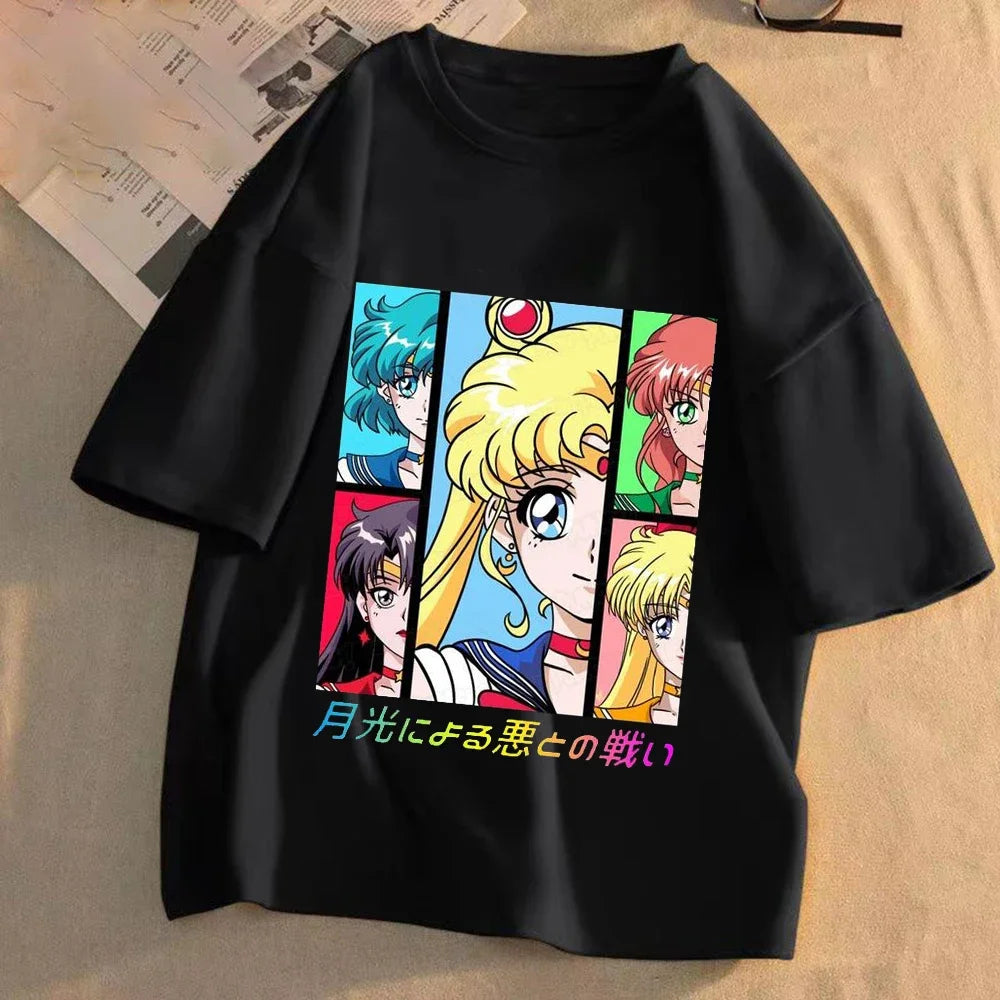 Sailor Moon Women Anime Casual T-shirt Summer Adult Cartoon Cute Tees Round Neck Printed Clothing Short Sleeve Fashion Tops Gift