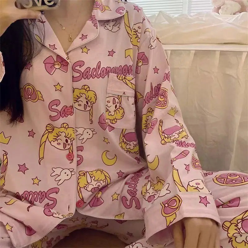 Sailor Moon pajamas for women in spring and autumn new style ins style cartoon loose outer wear long-sleeved home clothes set