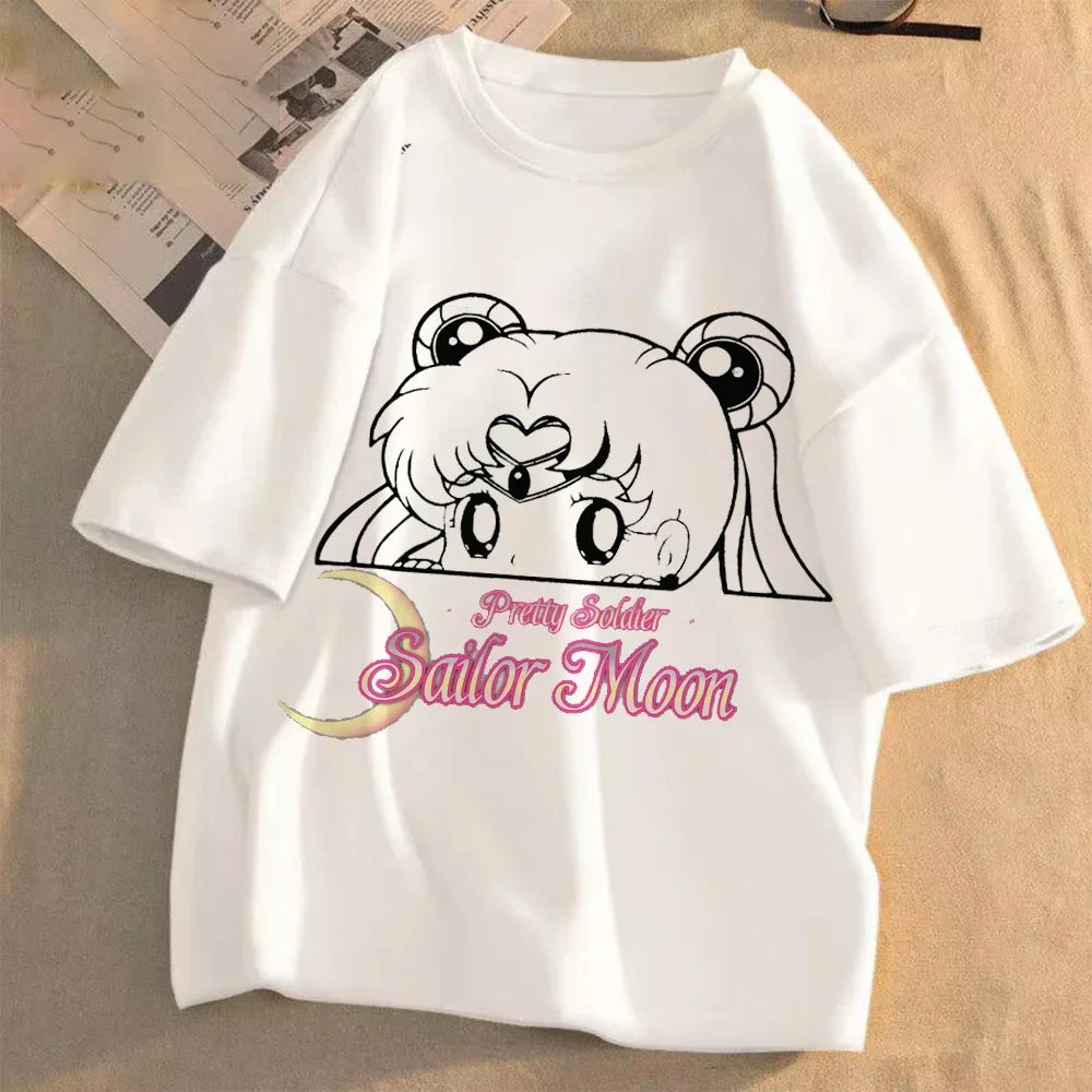 Sailor Moon Women Anime Casual T-shirt Summer Adult Cartoon Cute Tees Round Neck Printed Clothing Short Sleeve Fashion Tops Gift