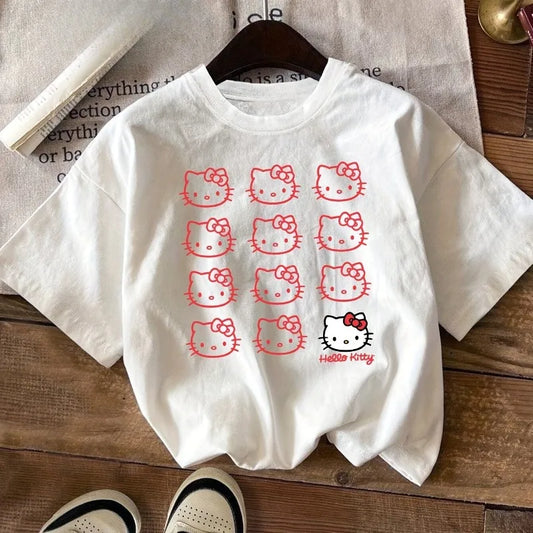 Women's Hello Kitty Cute Printed T-shirt for Summer 2025 Novel Casual Loose Multi Functional Y2K Cotton Short Sleeved Top