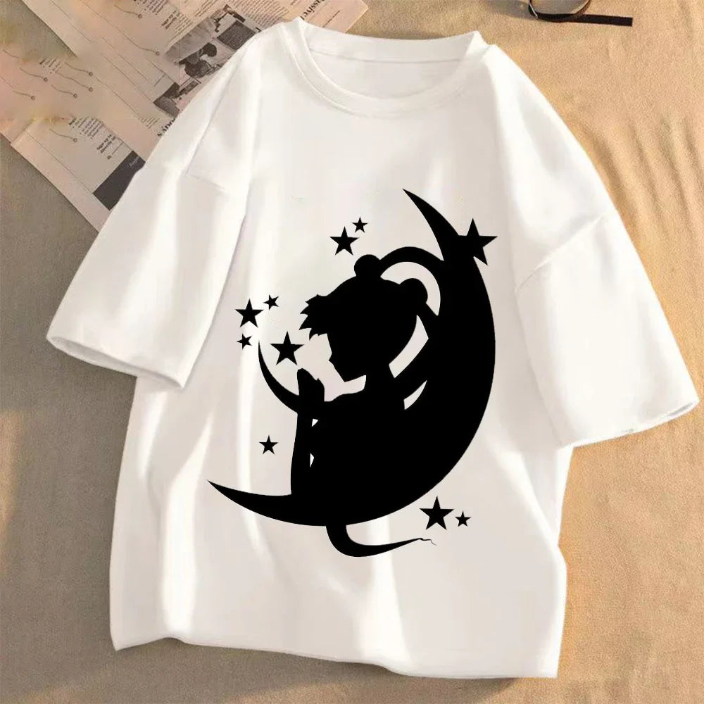 Sailor Moon Women Anime Casual T-shirt Summer Adult Cartoon Cute Tees Round Neck Printed Clothing Short Sleeve Fashion Tops Gift