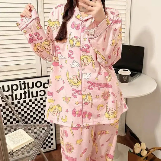 Sailor Moon pajamas for women in spring and autumn new style ins style cartoon loose outer wear long-sleeved home clothes set