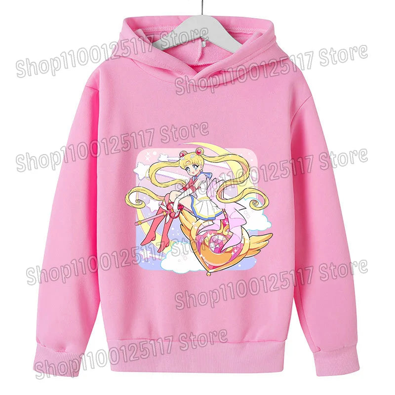 Sailor Moon Hoodie with Hat for Children Cartoon Printed Kawaii Sweatshirt Autumn Spring Kid Clothing Long Sleeve Hooded Clothes