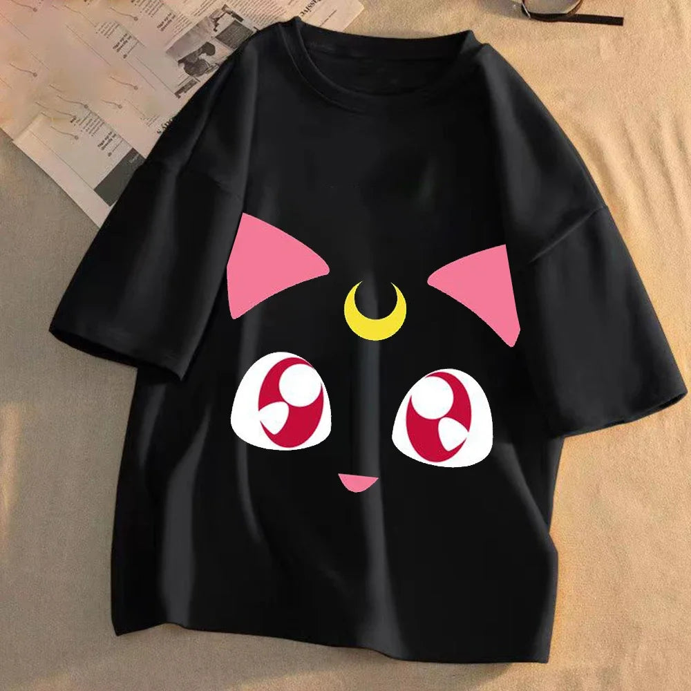 Sailor Moon Women Anime Casual T-shirt Summer Adult Cartoon Cute Tees Round Neck Printed Clothing Short Sleeve Fashion Tops Gift