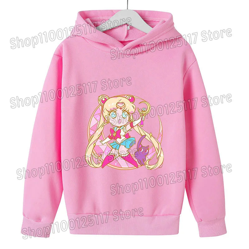 Sailor Moon Hoodie with Hat for Children Cartoon Printed Kawaii Sweatshirt Autumn Spring Kid Clothing Long Sleeve Hooded Clothes