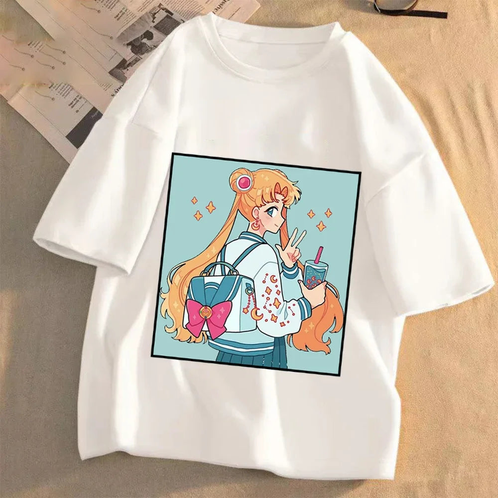 Sailor Moon Women Anime Casual T-shirt Summer Adult Cartoon Cute Tees Round Neck Printed Clothing Short Sleeve Fashion Tops Gift