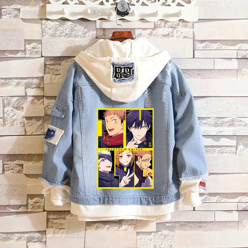 Anime Jujutsu Kaisen Anime Jeans Jacket Gojo Satoru Itadori Yūji Print Casual Women Patchwork Denim Autumn Hooded Outwear Coat