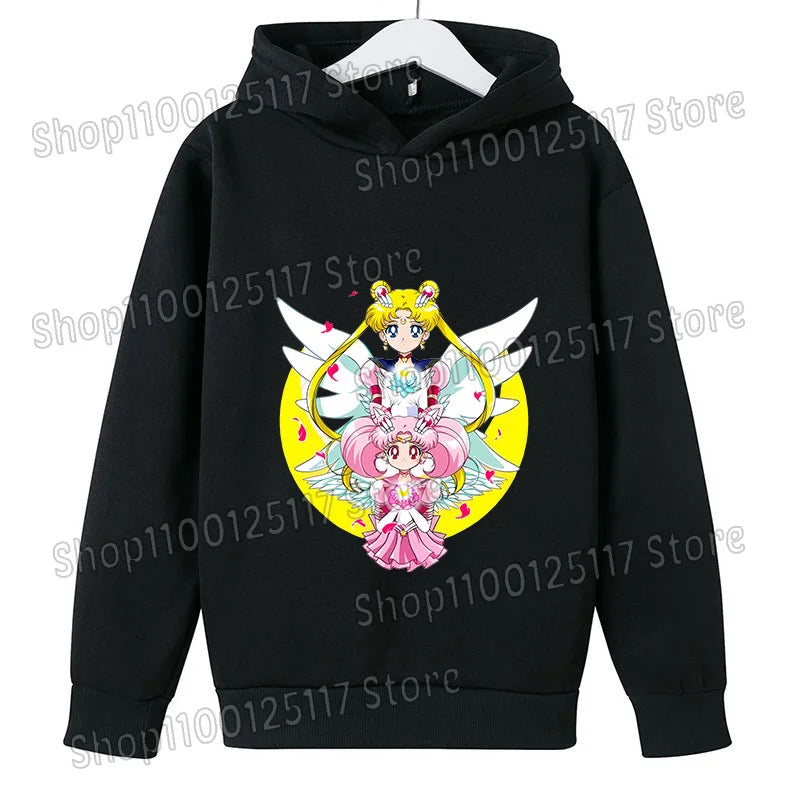 Sailor Moon Hoodie with Hat for Children Cartoon Printed Kawaii Sweatshirt Autumn Spring Kid Clothing Long Sleeve Hooded Clothes