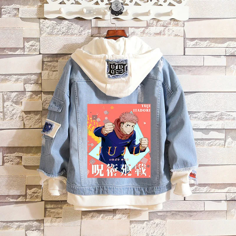Anime Jujutsu Kaisen Anime Jeans Jacket Gojo Satoru Itadori Yūji Print Casual Women Patchwork Denim Autumn Hooded Outwear Coat