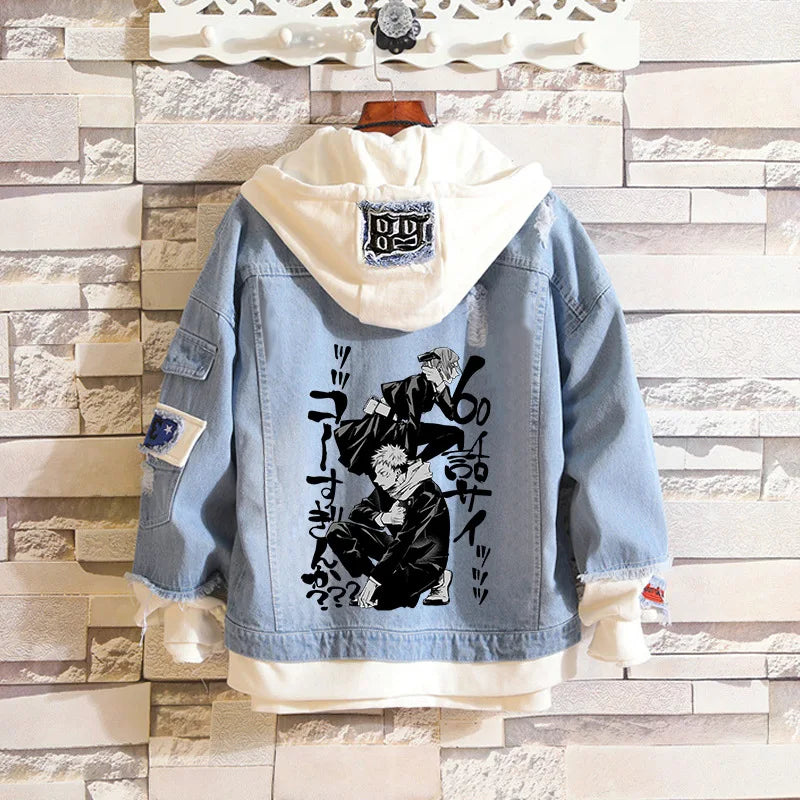 Anime Jujutsu Kaisen Anime Jeans Jacket Gojo Satoru Itadori Yūji Print Casual Women Patchwork Denim Autumn Hooded Outwear Coat