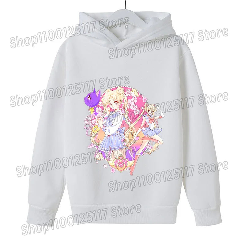 Sailor Moon Hoodie with Hat for Children Cartoon Printed Kawaii Sweatshirt Autumn Spring Kid Clothing Long Sleeve Hooded Clothes