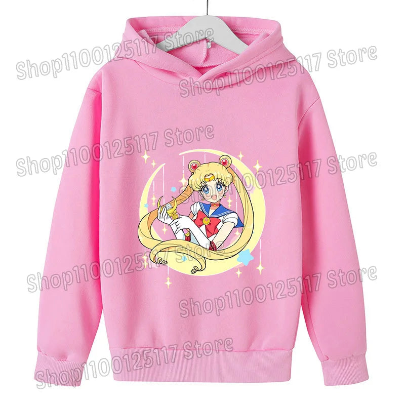 Sailor Moon Hoodie with Hat for Children Cartoon Printed Kawaii Sweatshirt Autumn Spring Kid Clothing Long Sleeve Hooded Clothes