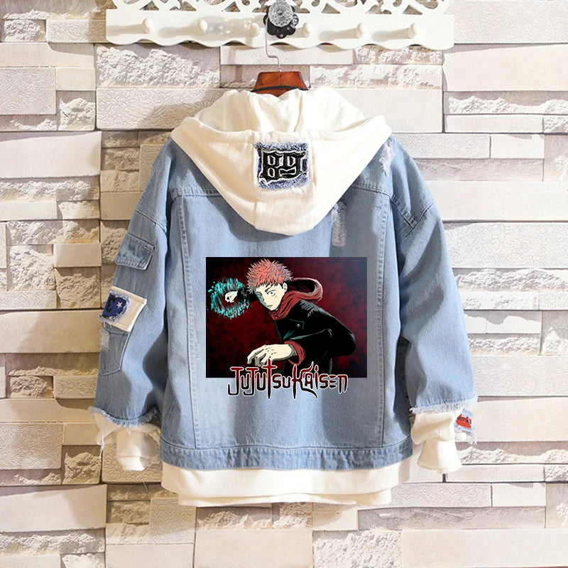 Anime Jujutsu Kaisen Anime Jeans Jacket Gojo Satoru Itadori Yūji Print Casual Women Patchwork Denim Autumn Hooded Outwear Coat