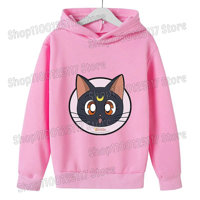 Sailor Moon Hoodie with Hat for Children Cartoon Printed Kawaii Sweatshirt Autumn Spring Kid Clothing Long Sleeve Hooded Clothes