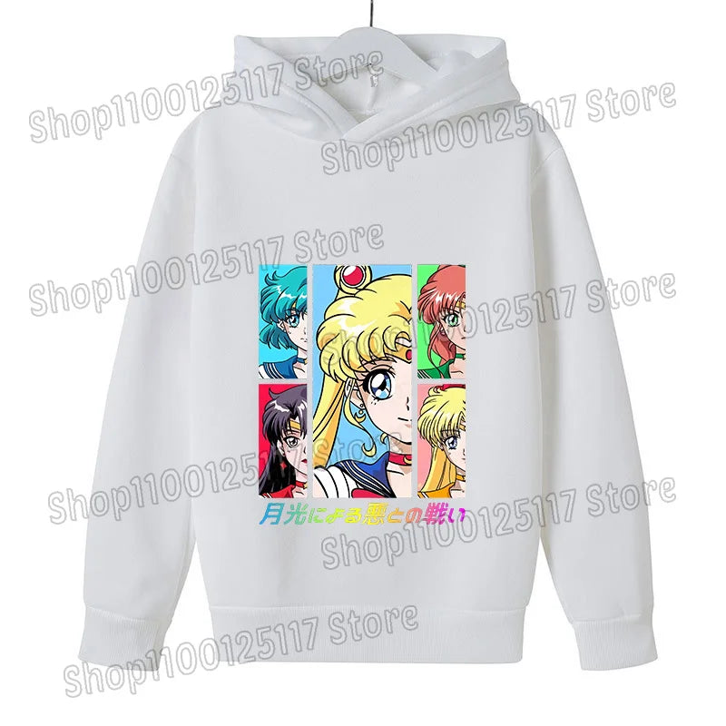 Sailor Moon Hoodie with Hat for Children Cartoon Printed Kawaii Sweatshirt Autumn Spring Kid Clothing Long Sleeve Hooded Clothes