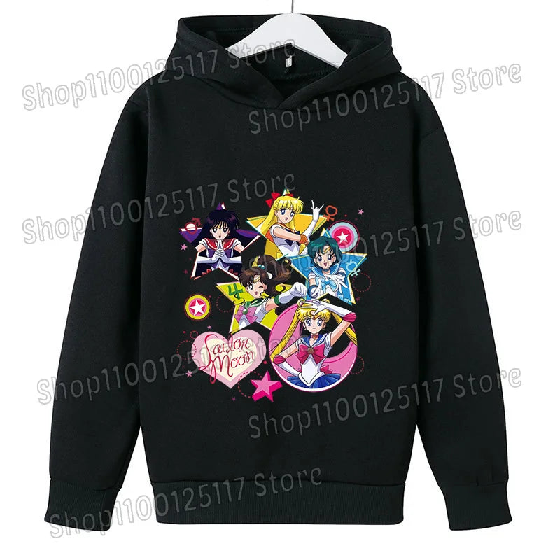 Sailor Moon Hoodie with Hat for Children Cartoon Printed Kawaii Sweatshirt Autumn Spring Kid Clothing Long Sleeve Hooded Clothes