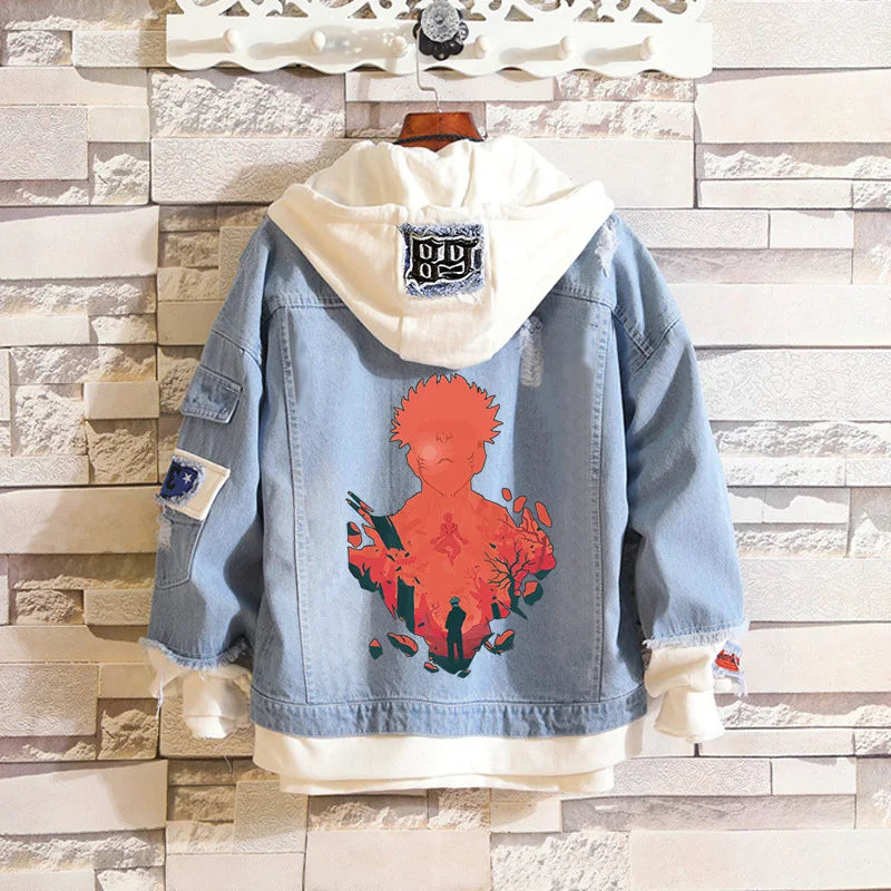 Anime Jujutsu Kaisen Anime Jeans Jacket Gojo Satoru Itadori Yūji Print Casual Women Patchwork Denim Autumn Hooded Outwear Coat