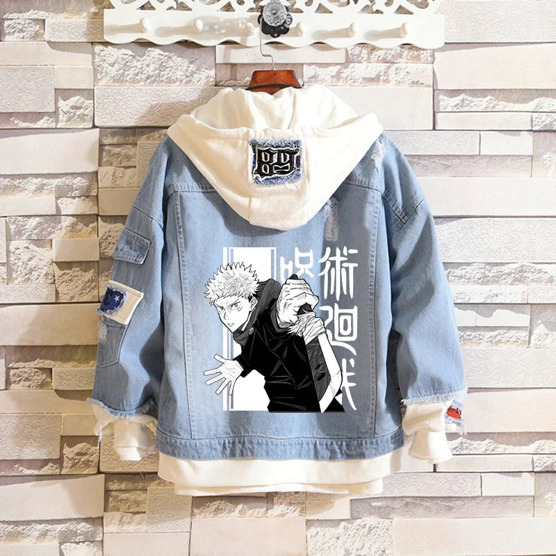 Anime Jujutsu Kaisen Anime Jeans Jacket Gojo Satoru Itadori Yūji Print Casual Women Patchwork Denim Autumn Hooded Outwear Coat