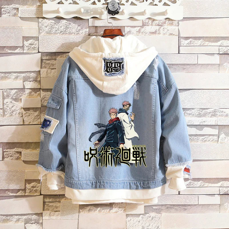 Anime Jujutsu Kaisen Anime Jeans Jacket Gojo Satoru Itadori Yūji Print Casual Women Patchwork Denim Autumn Hooded Outwear Coat