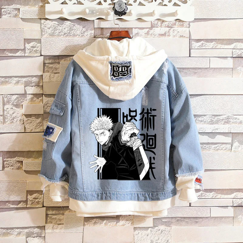 Anime Jujutsu Kaisen Anime Jeans Jacket Gojo Satoru Itadori Yūji Print Casual Women Patchwork Denim Autumn Hooded Outwear Coat