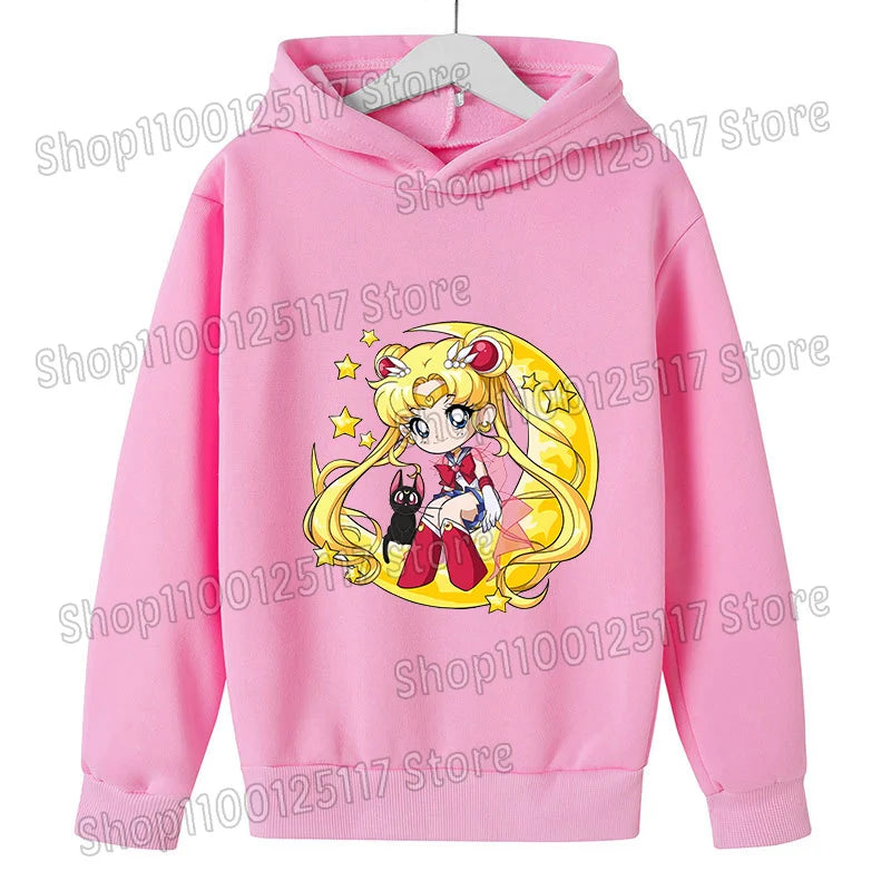 Sailor Moon Hoodie with Hat for Children Cartoon Printed Kawaii Sweatshirt Autumn Spring Kid Clothing Long Sleeve Hooded Clothes