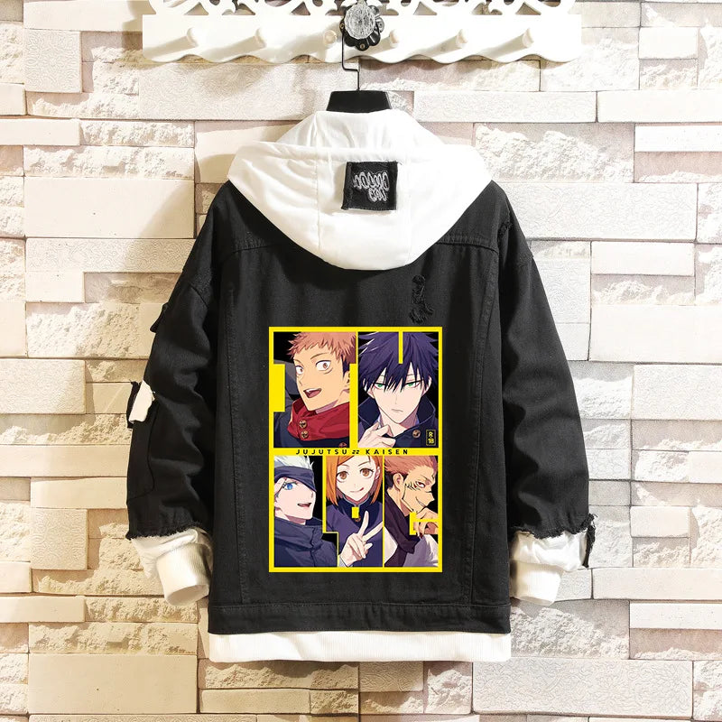 Anime Jujutsu Kaisen Anime Jeans Jacket Gojo Satoru Itadori Yūji Print Casual Women Patchwork Denim Autumn Hooded Outwear Coat