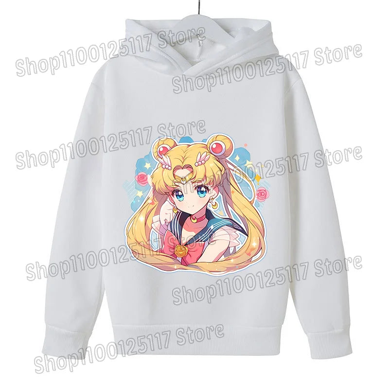 Sailor Moon Hoodie with Hat for Children Cartoon Printed Kawaii Sweatshirt Autumn Spring Kid Clothing Long Sleeve Hooded Clothes