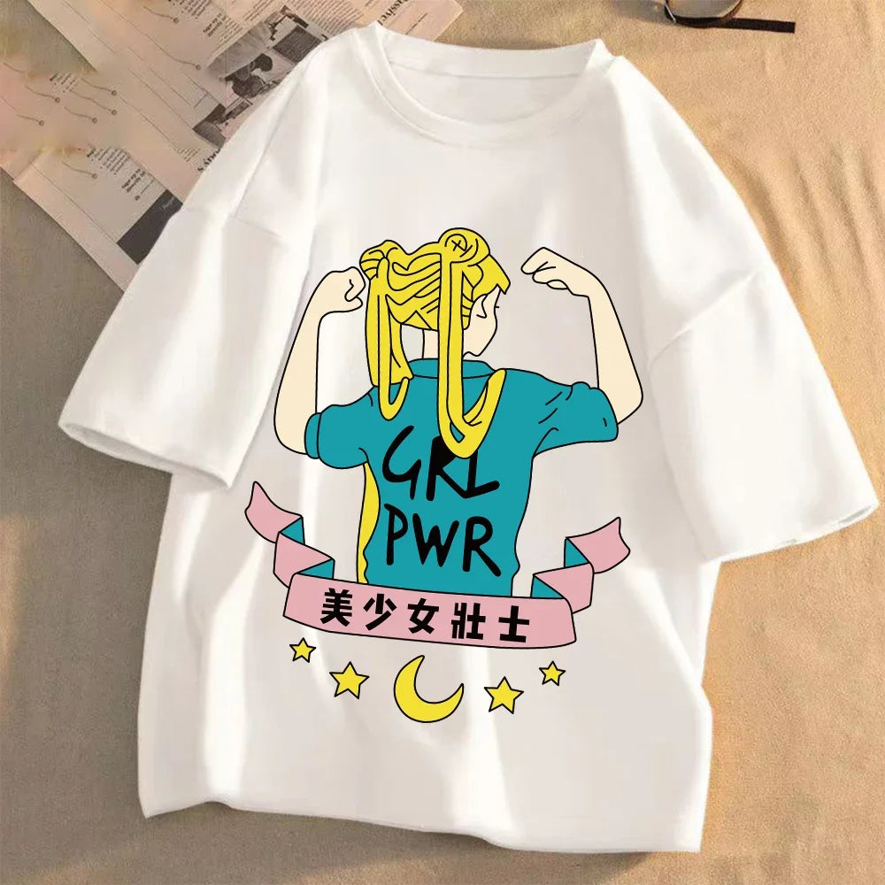 Sailor Moon Women Anime Casual T-shirt Summer Adult Cartoon Cute Tees Round Neck Printed Clothing Short Sleeve Fashion Tops Gift