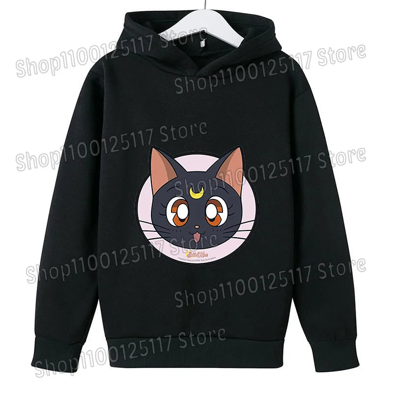Sailor Moon Hoodie with Hat for Children Cartoon Printed Kawaii Sweatshirt Autumn Spring Kid Clothing Long Sleeve Hooded Clothes