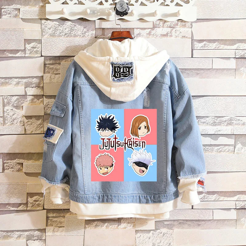 Anime Jujutsu Kaisen Anime Jeans Jacket Gojo Satoru Itadori Yūji Print Casual Women Patchwork Denim Autumn Hooded Outwear Coat