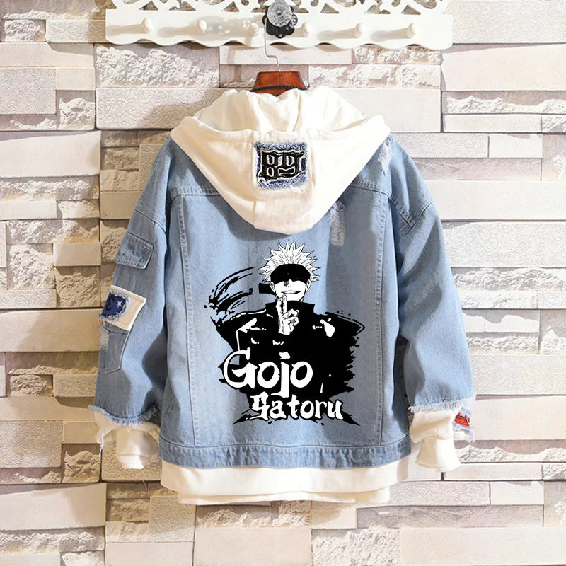 Anime Jujutsu Kaisen Anime Jeans Jacket Gojo Satoru Itadori Yūji Print Casual Women Patchwork Denim Autumn Hooded Outwear Coat