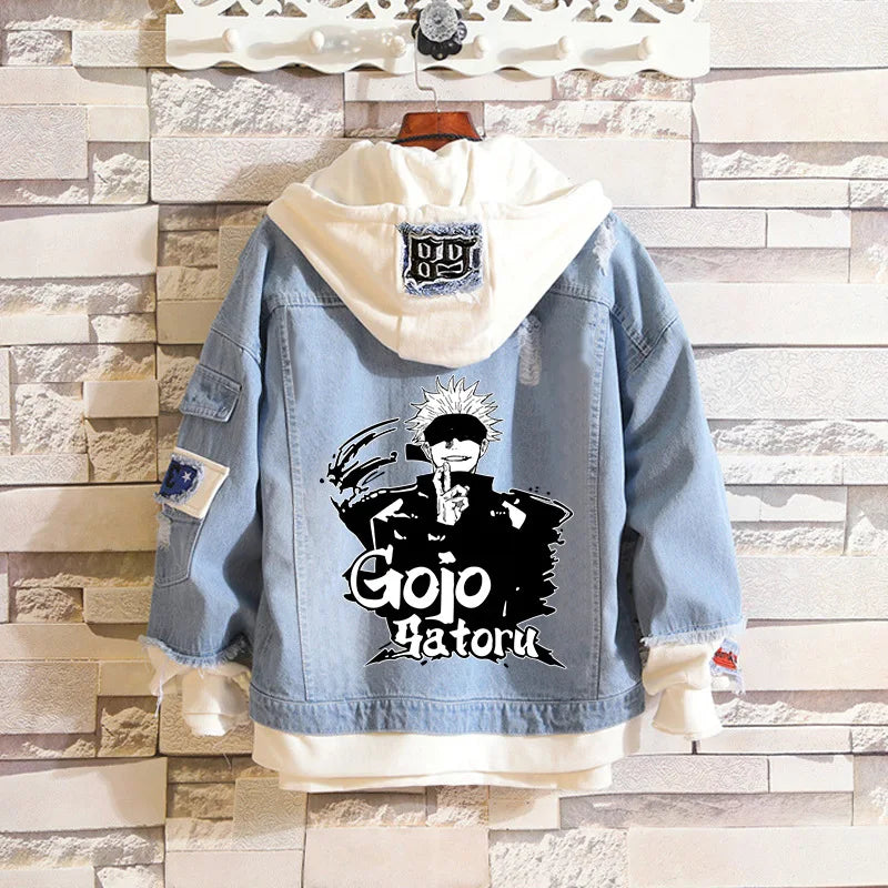 Anime Jujutsu Kaisen Anime Jeans Jacket Gojo Satoru Itadori Yūji Print Casual Women Patchwork Denim Autumn Hooded Outwear Coat