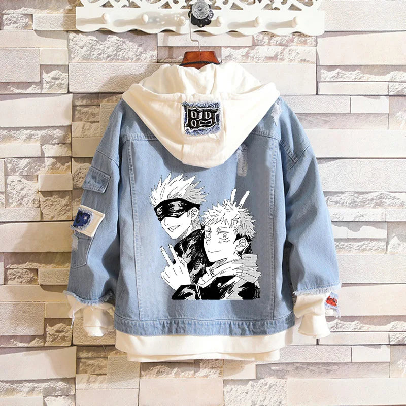Anime Jujutsu Kaisen Anime Jeans Jacket Gojo Satoru Itadori Yūji Print Casual Women Patchwork Denim Autumn Hooded Outwear Coat