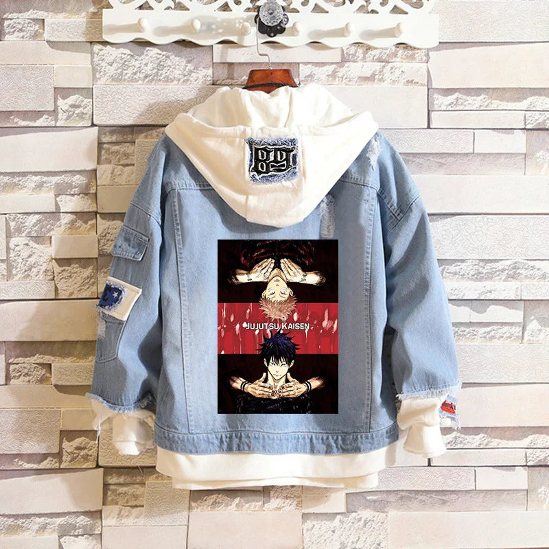 Anime Jujutsu Kaisen Anime Jeans Jacket Gojo Satoru Itadori Yūji Print Casual Women Patchwork Denim Autumn Hooded Outwear Coat