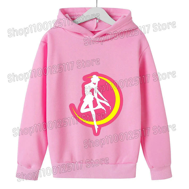Sailor Moon Hoodie with Hat for Children Cartoon Printed Kawaii Sweatshirt Autumn Spring Kid Clothing Long Sleeve Hooded Clothes