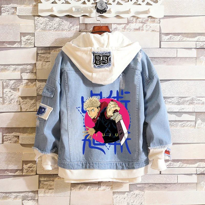 Anime Jujutsu Kaisen Anime Jeans Jacket Gojo Satoru Itadori Yūji Print Casual Women Patchwork Denim Autumn Hooded Outwear Coat