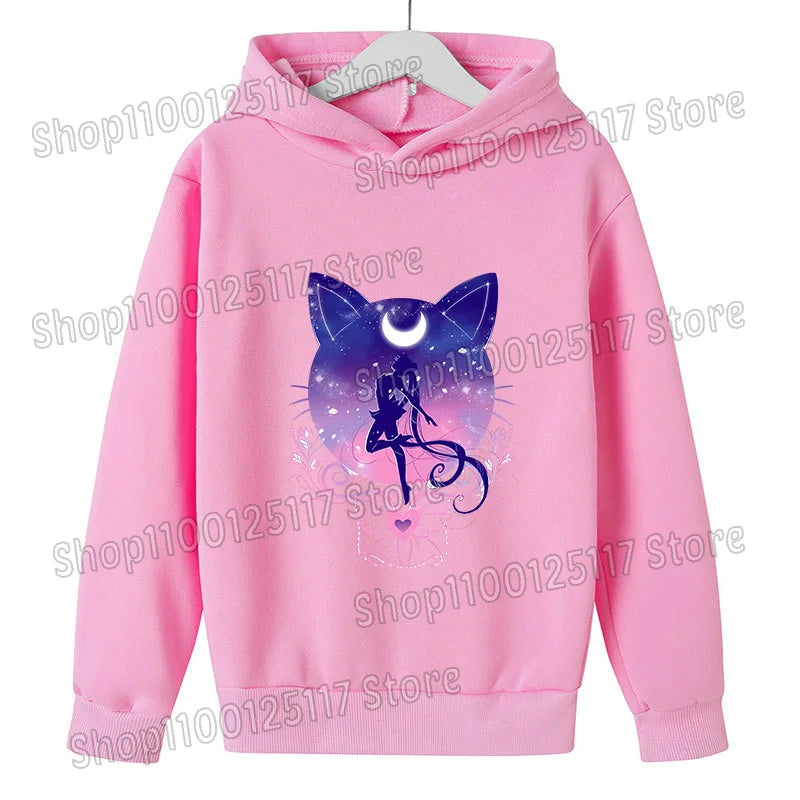 Sailor Moon Hoodie with Hat for Children Cartoon Printed Kawaii Sweatshirt Autumn Spring Kid Clothing Long Sleeve Hooded Clothes