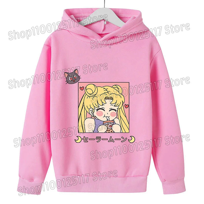 Sailor Moon Hoodie with Hat for Children Cartoon Printed Kawaii Sweatshirt Autumn Spring Kid Clothing Long Sleeve Hooded Clothes