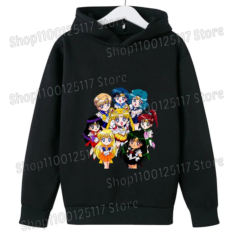 Sailor Moon Hoodie with Hat for Children Cartoon Printed Kawaii Sweatshirt Autumn Spring Kid Clothing Long Sleeve Hooded Clothes