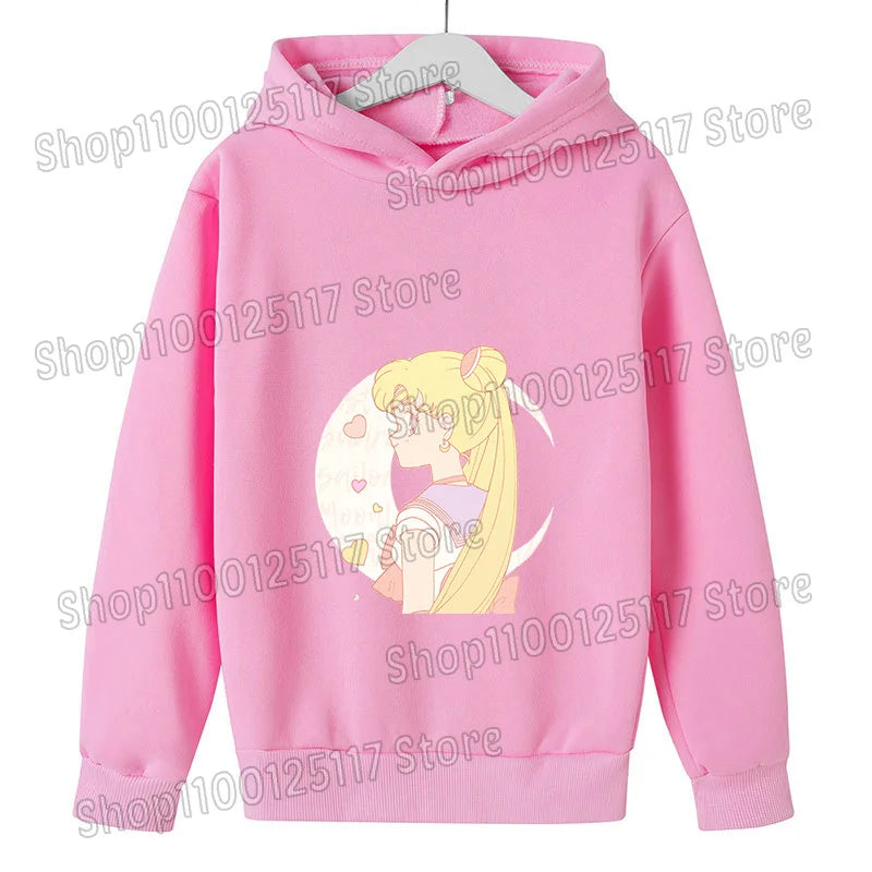 Sailor Moon Hoodie with Hat for Children Cartoon Printed Kawaii Sweatshirt Autumn Spring Kid Clothing Long Sleeve Hooded Clothes