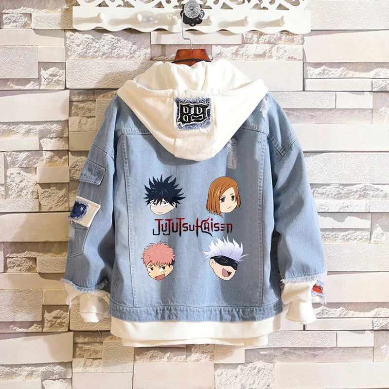 Anime Jujutsu Kaisen Anime Jeans Jacket Gojo Satoru Itadori Yūji Print Casual Women Patchwork Denim Autumn Hooded Outwear Coat
