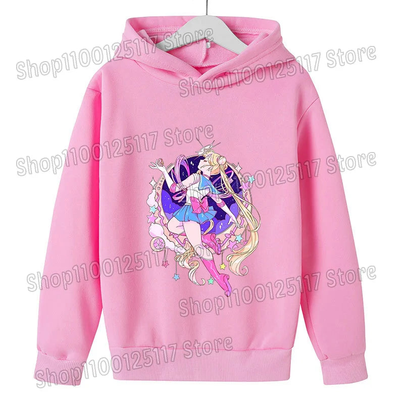 Sailor Moon Hoodie with Hat for Children Cartoon Printed Kawaii Sweatshirt Autumn Spring Kid Clothing Long Sleeve Hooded Clothes