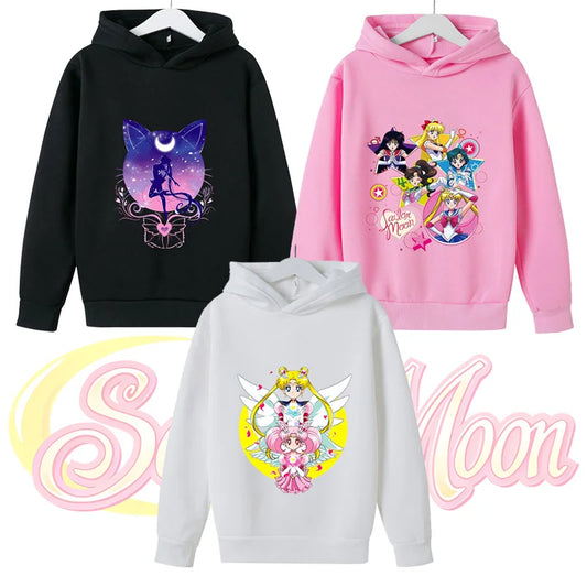 Sailor Moon Hoodie with Hat for Children Cartoon Printed Kawaii Sweatshirt Autumn Spring Kid Clothing Long Sleeve Hooded Clothes