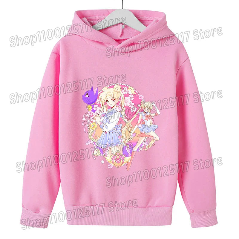 Sailor Moon Hoodie with Hat for Children Cartoon Printed Kawaii Sweatshirt Autumn Spring Kid Clothing Long Sleeve Hooded Clothes