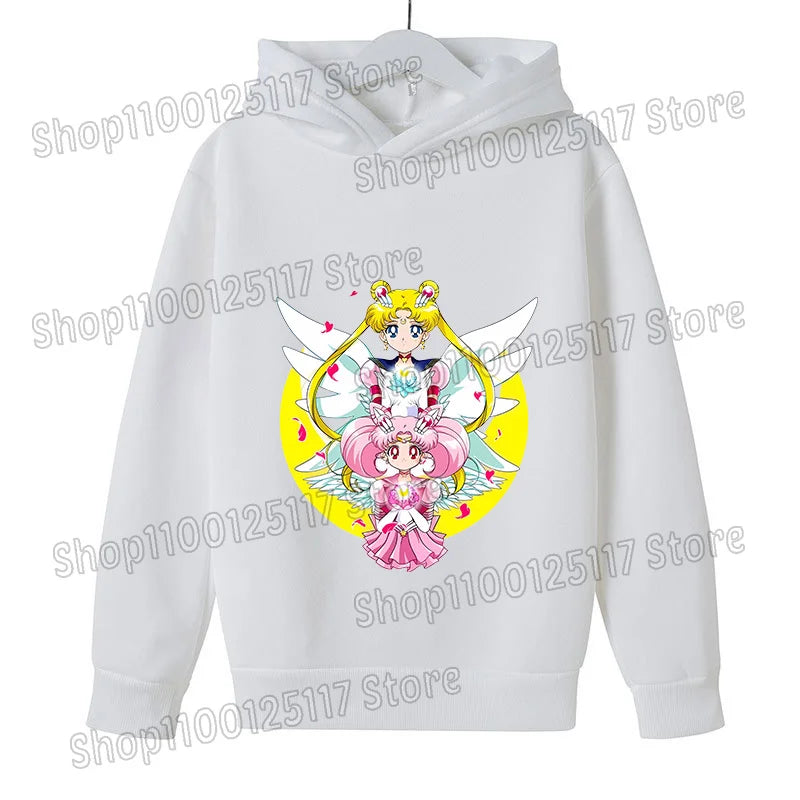 Sailor Moon Hoodie with Hat for Children Cartoon Printed Kawaii Sweatshirt Autumn Spring Kid Clothing Long Sleeve Hooded Clothes