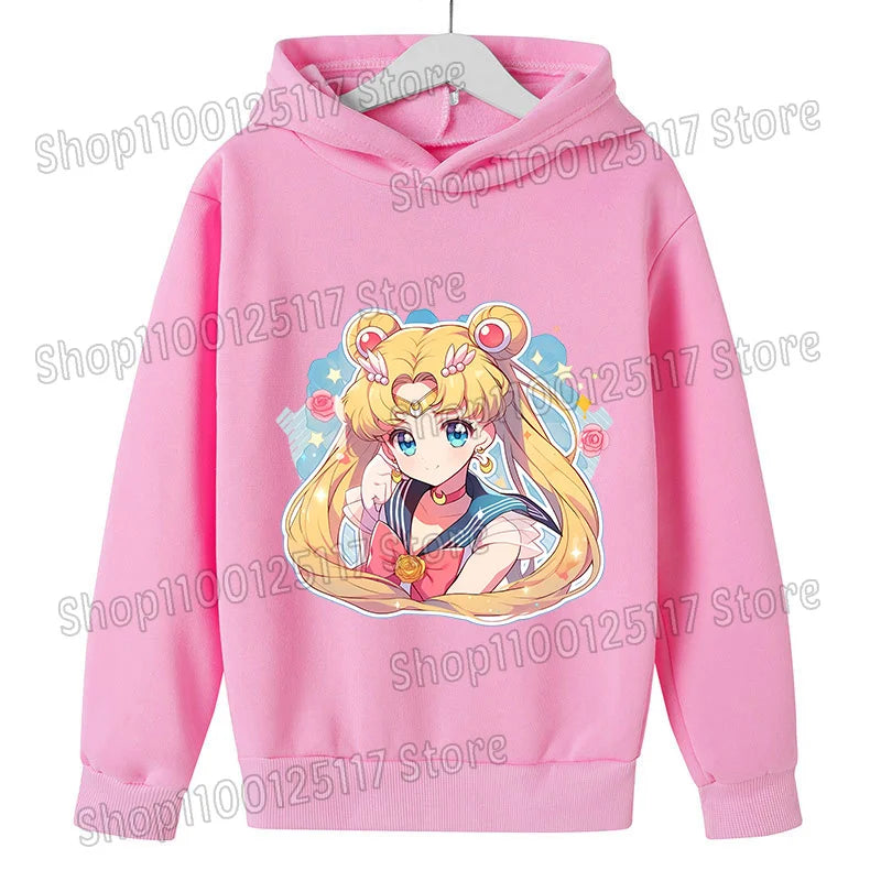 Sailor Moon Hoodie with Hat for Children Cartoon Printed Kawaii Sweatshirt Autumn Spring Kid Clothing Long Sleeve Hooded Clothes