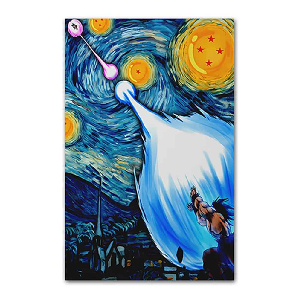 Dragon Ball Goku Van Gogh Starry Night Canvas Poster - Anime Art Wall Decor