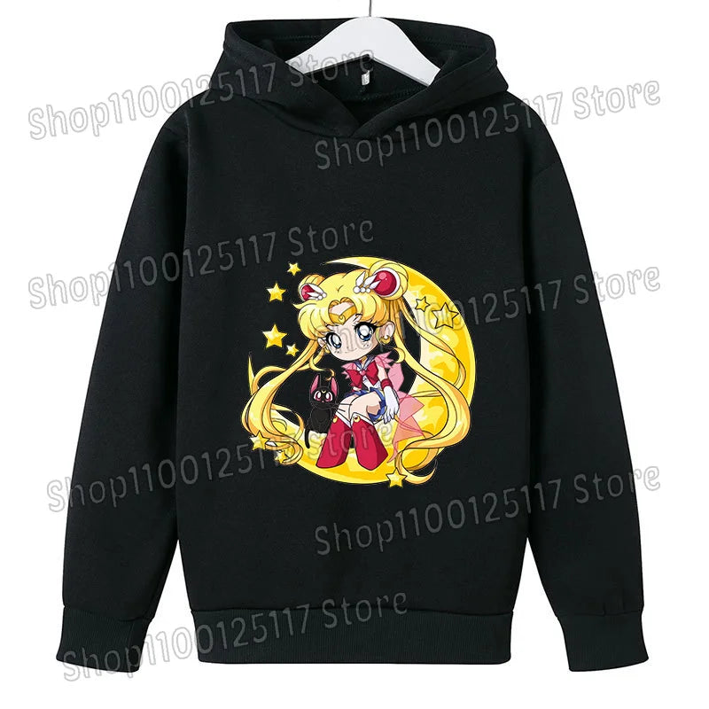 Sailor Moon Hoodie with Hat for Children Cartoon Printed Kawaii Sweatshirt Autumn Spring Kid Clothing Long Sleeve Hooded Clothes