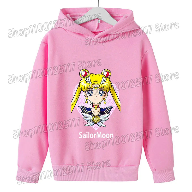 Sailor Moon Hoodie with Hat for Children Cartoon Printed Kawaii Sweatshirt Autumn Spring Kid Clothing Long Sleeve Hooded Clothes